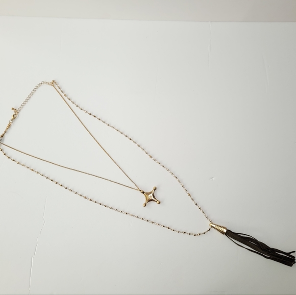 NWT Free People Route 66 layered necklace in Dark Green / Olive in Gold - Picture 2 of 9